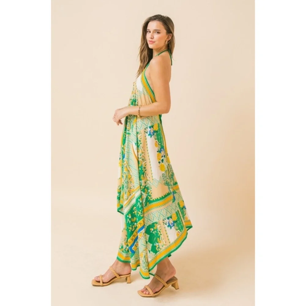 Flying Tomato Green & Ivory Patchwork Print Hanky Hem Halter Dress - Picture 6 of 9
